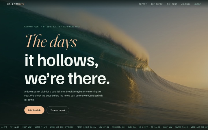 Homepage of Hollow Days Surf Club